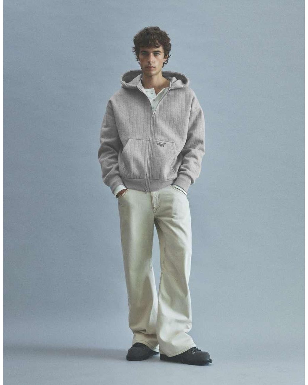 Pull&Bear Blue Boxy Suede Hood Sweatshirt With Zip for men