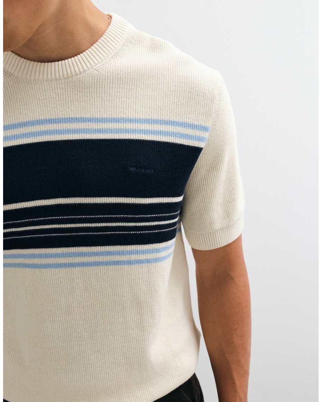 Gant White Striped Cotton Ribbed Short Sleeve C-neck T-shirt for men