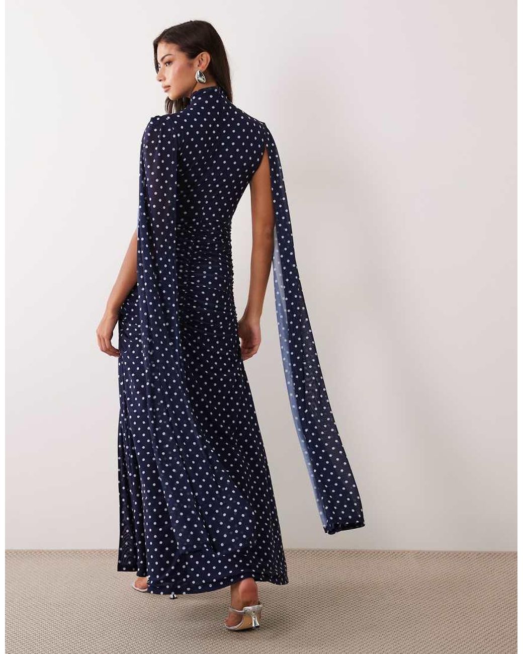Ruched & Ready Blue Mesh High Neck Cape Detail Thigh Split Maxi Dress