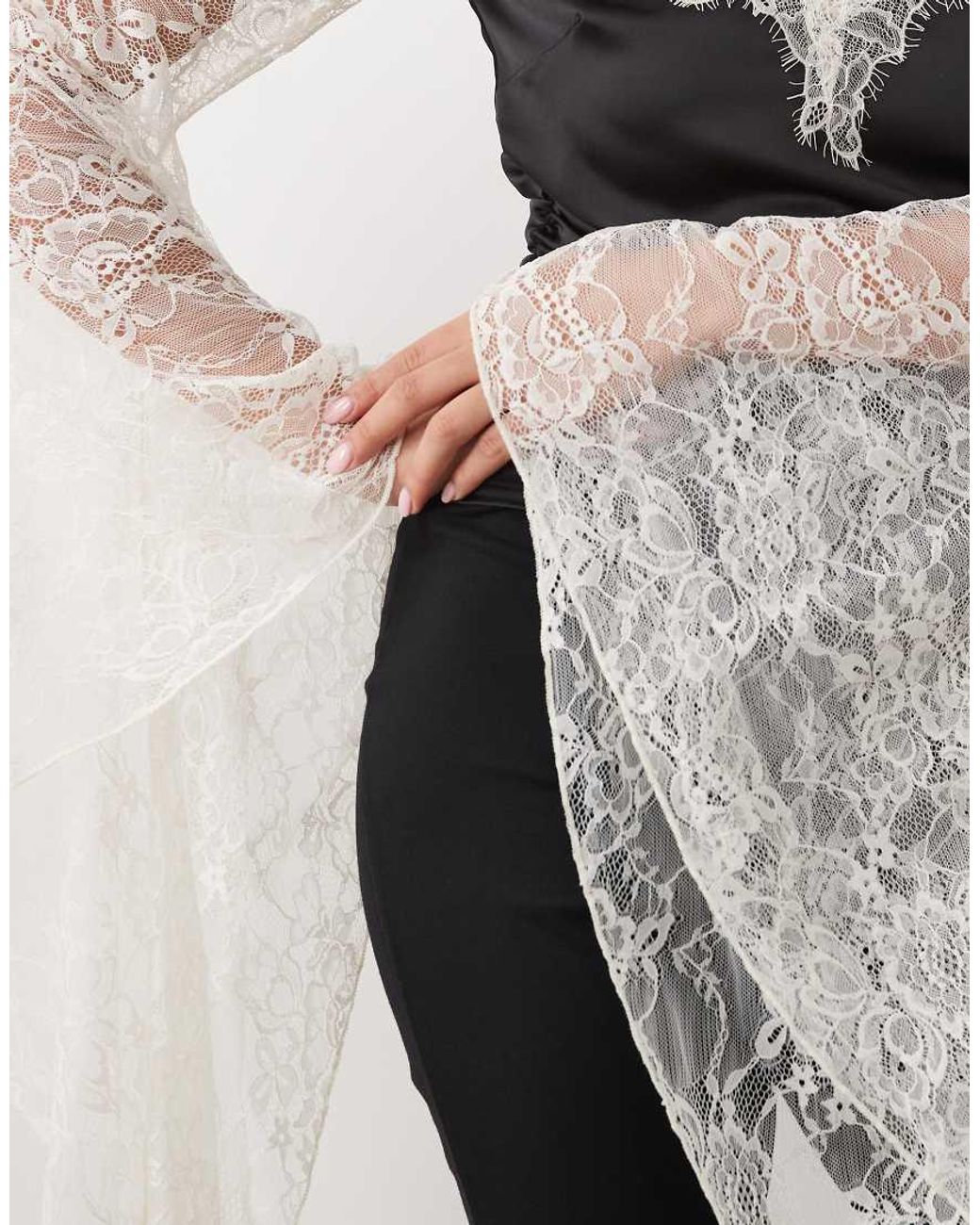 ASOS Black Satin Top With Lace Panel And Exaggerated Sleeve