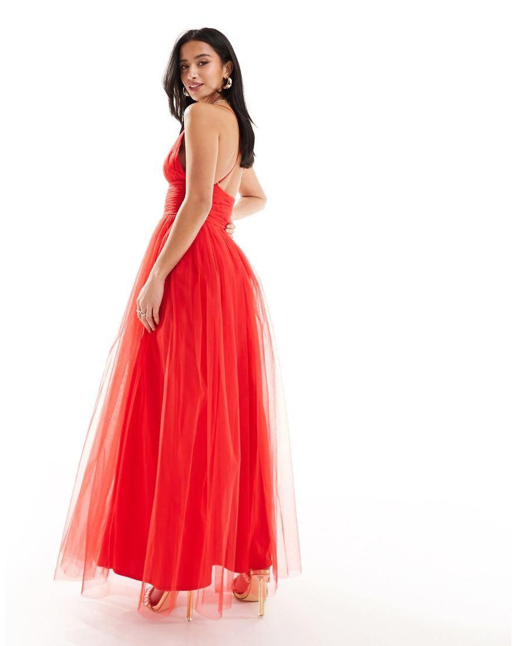 LACE & BEADS Red Cross Back Tulle Maxi Dress