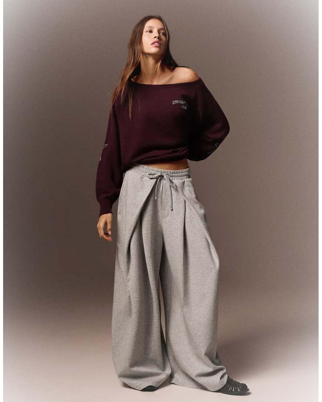 Bershka Brown Graphic Boat Neck Jumper