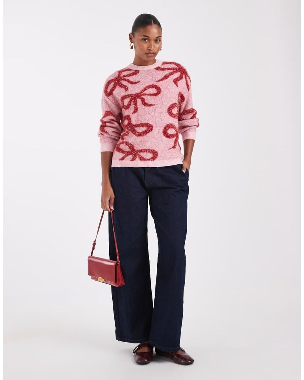 Noisy May Pink Crew Neck Christmas Sweater With Bows