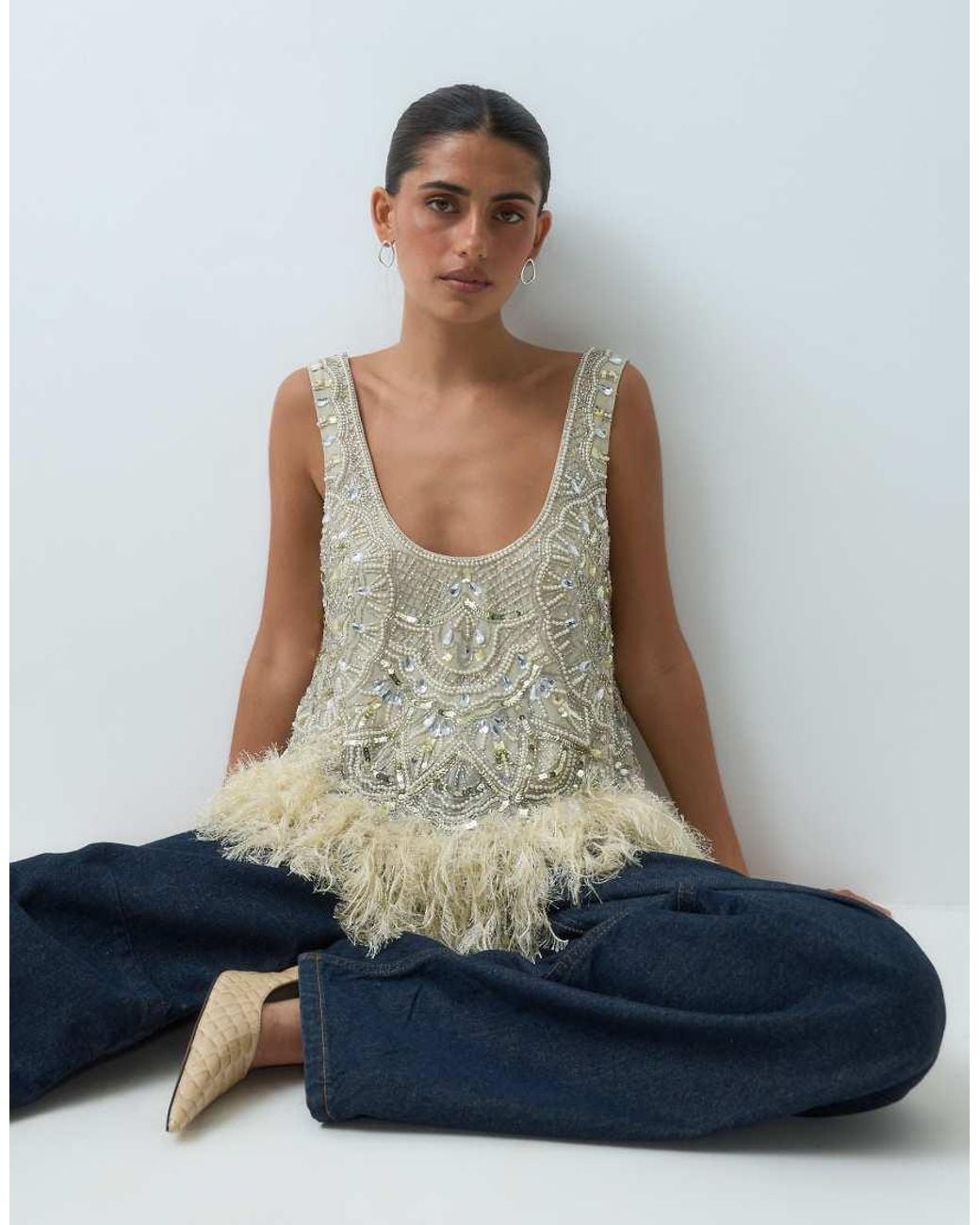 ASOS Yellow Feather Hem Scoop Neck Embellished Top
