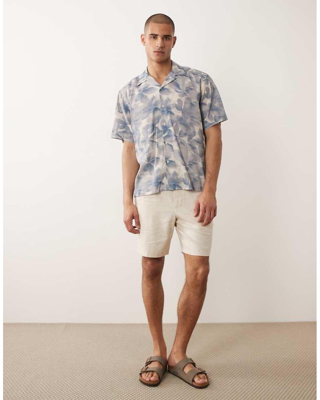 SELECTED Gray Short Sleeve Shirt With Leave Print for men