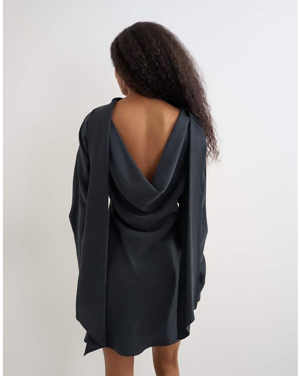 TOPSHOP Blue Cupro Long Sleeve Scarf Neck Cowl Back Mini Dress