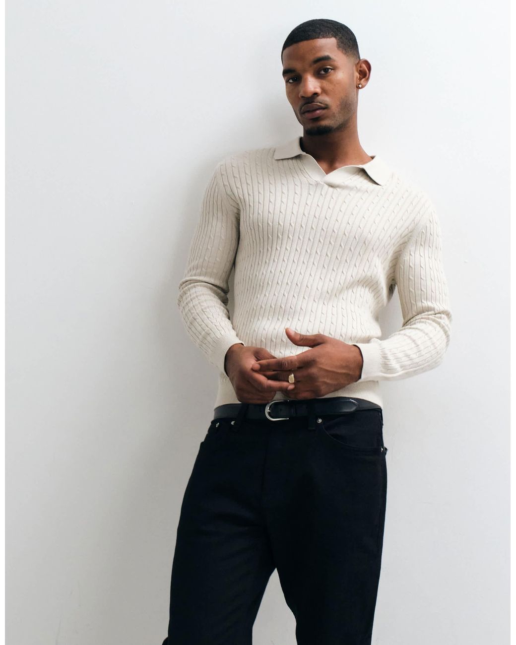 Pull en maille à col tailleur écru Mango pour homme en coloris Gray