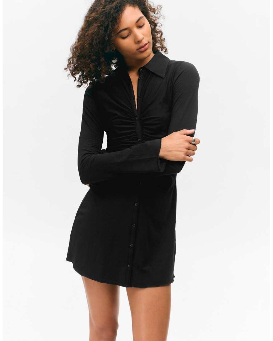 Monki Natural Ruched Front Long Sleeve Mini Shirt Dress