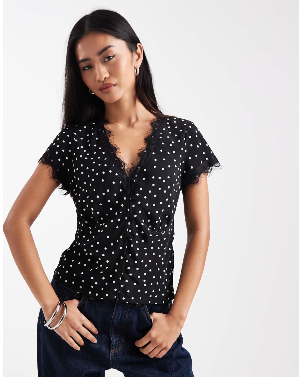 ASOS Lace Trim Tea Blouse in Black | Lyst