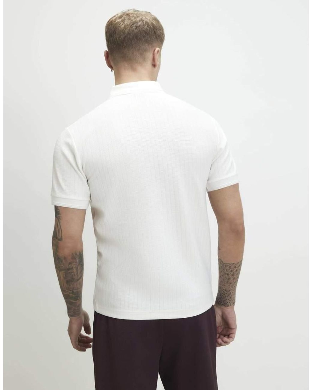 River Island White Muscle Fit Textured Zip Polo Shirt for men
