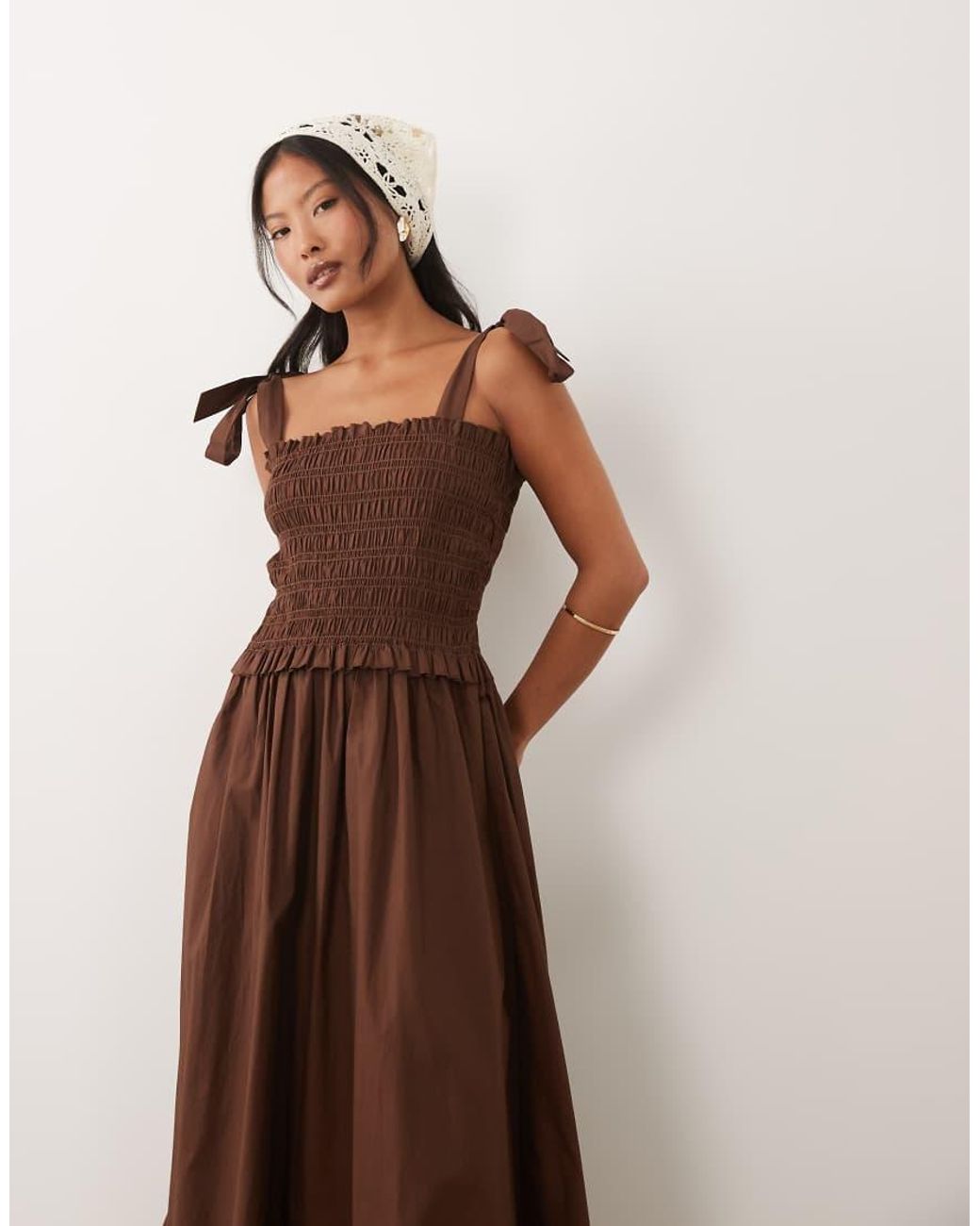 New Look Brown Shirred Tie Strap Midi Dress