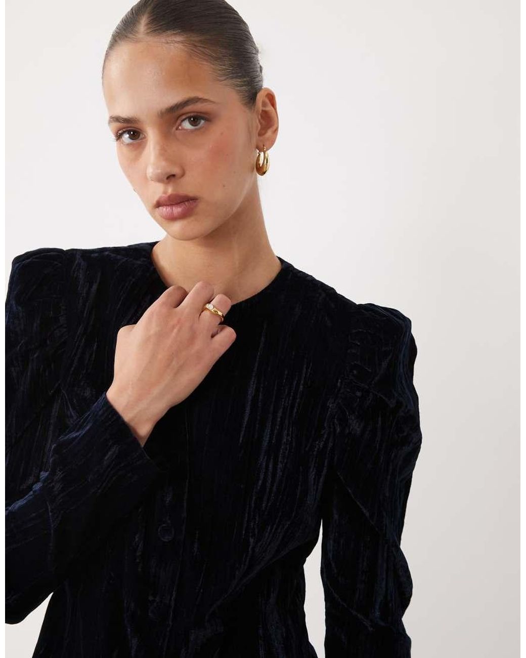 ASOS Black Crew Neck Button Through Velvet Mini Dress
