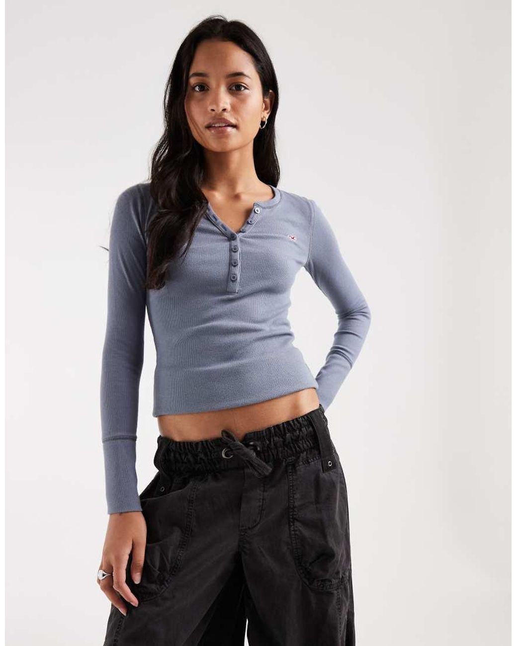 Hollister Blue Long Sleeve Button Up Henley Top
