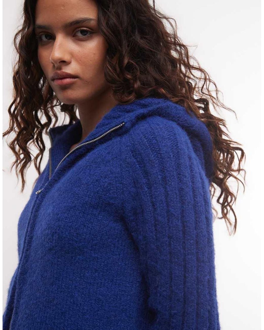 Weekday Blue Wool Blend Zip Cardigan With Hood