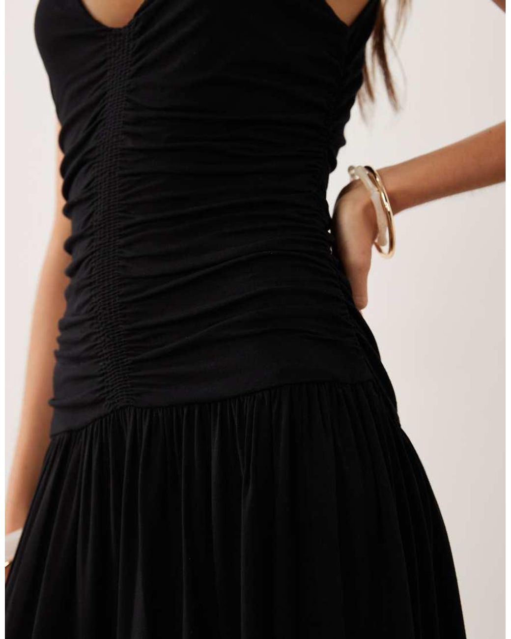 Mango Black V Neck Ruched Maxi Dress