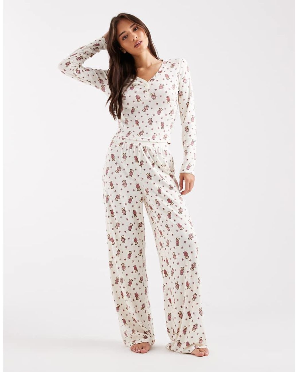 Miss Selfridge White Teddy Bear Print Mix And Match Pyjama Henley Top