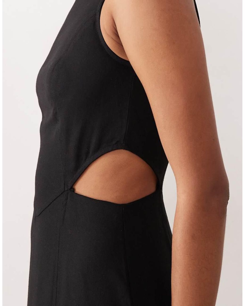 ASOS Black Asos Design Tall High Neck Linen Look Midaxi Dress With Cutout Waist