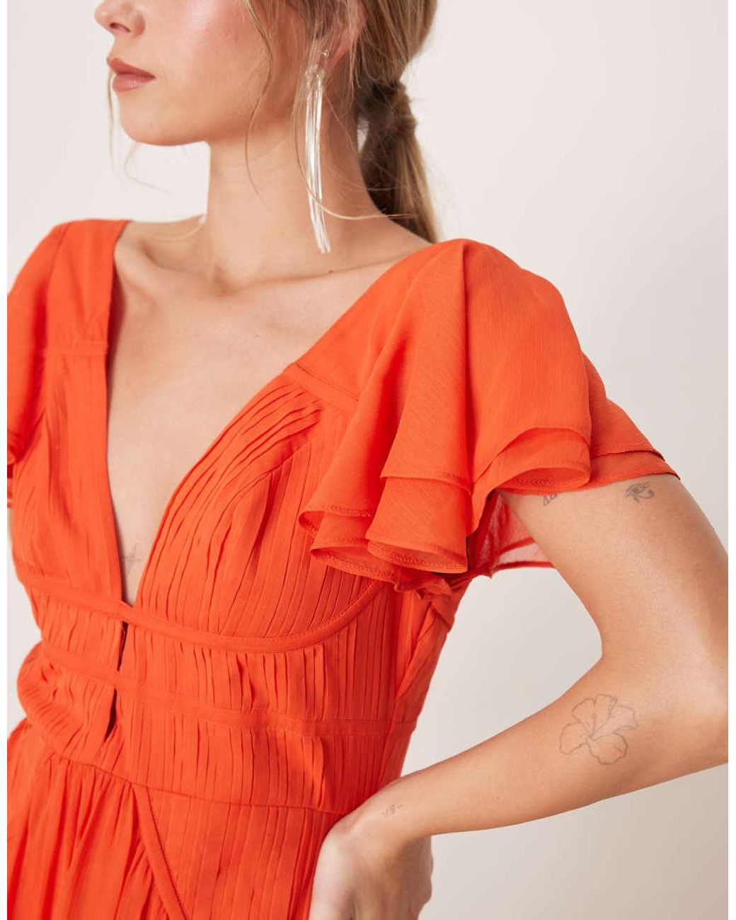 ASOS Red Flutter Sleeve Ruched Maxi Dress With Hi Low Hem