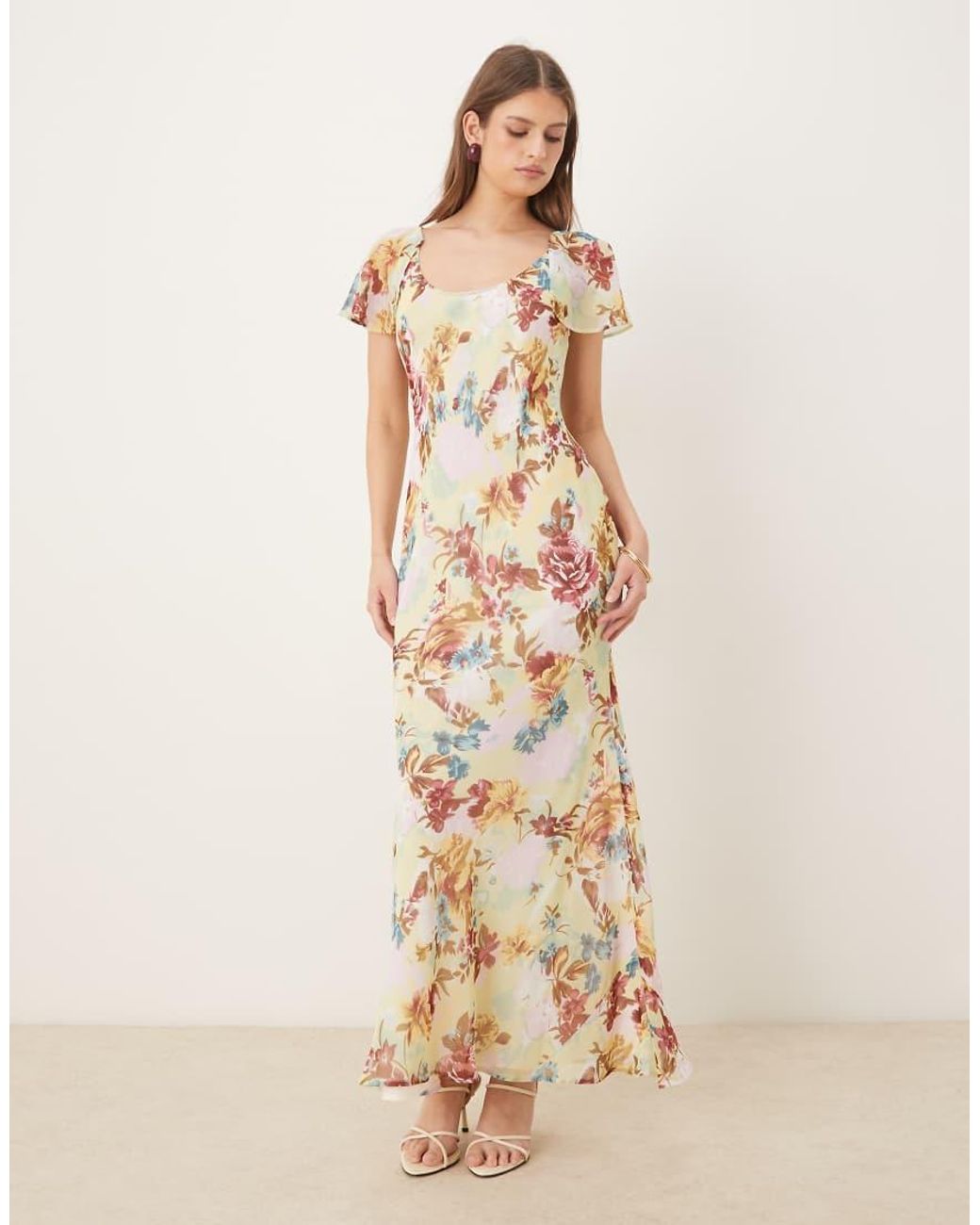 ASOS Natural Ruffle Sleeve Scoop Bias Maxi Dress