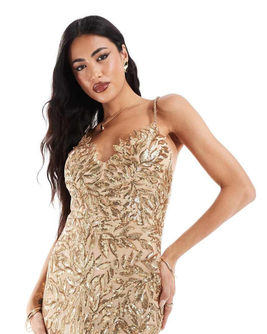 Goddiva Metallic Cross Back Diamante Strap Sequin Maxi