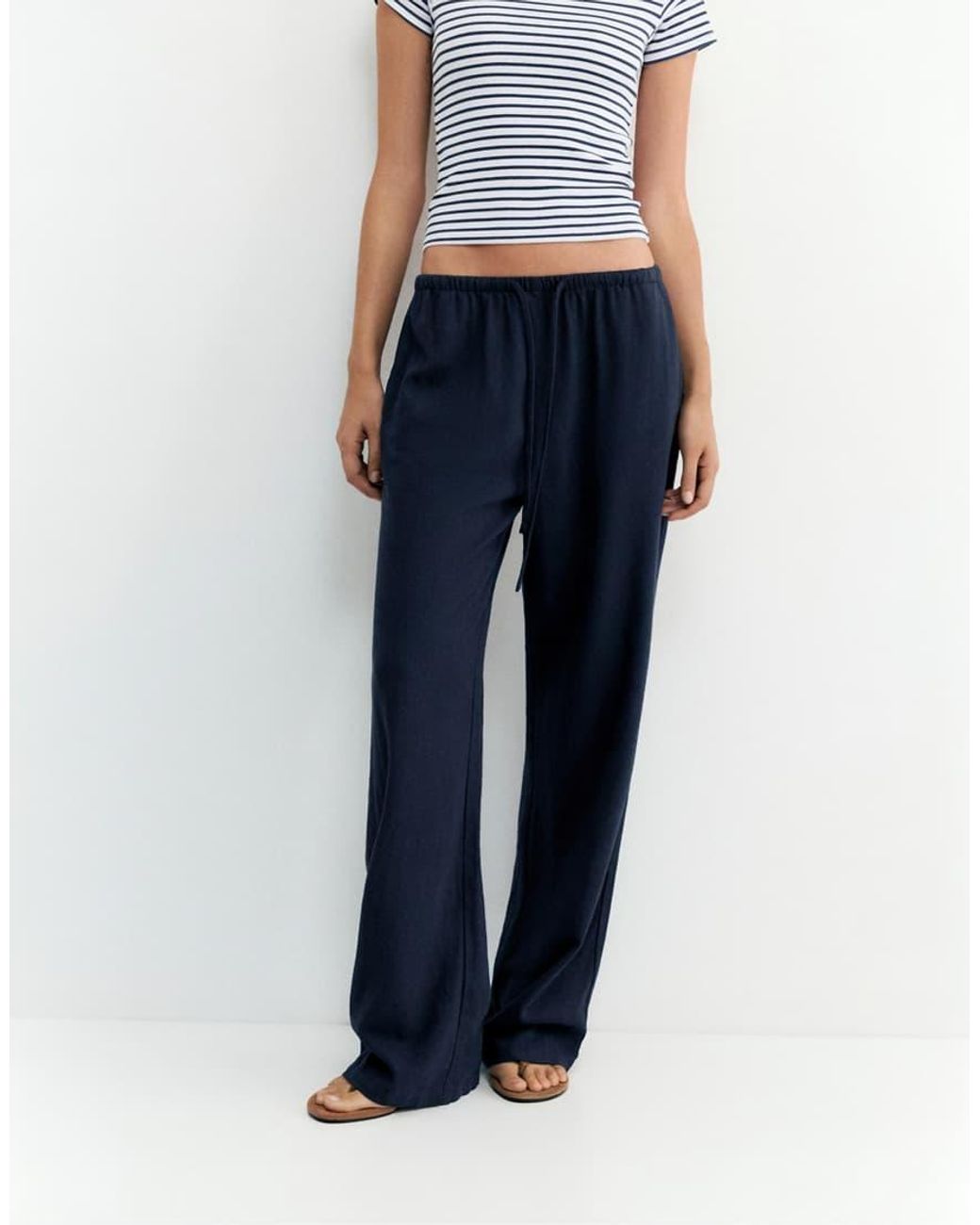 Pull&Bear Blue Flowing Viscose Linen Blend Trousers