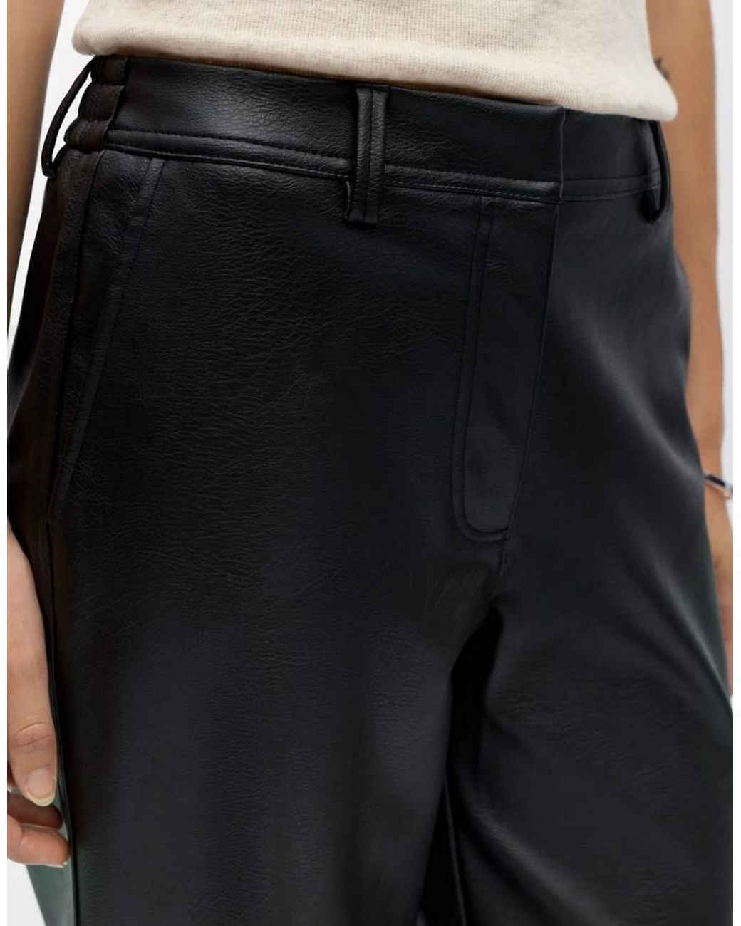 Object Black Liva Faux Leather Mid Waist Wide Leg Trousers