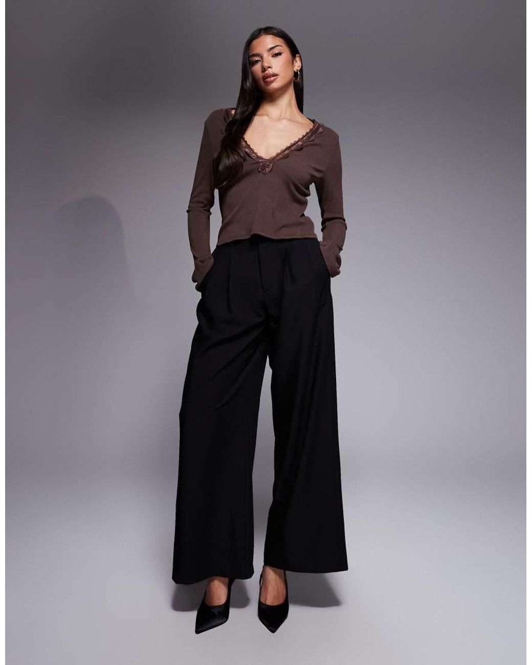 ASOS Gray Soft Rib Flared Sleeve Lace Trim Tie Detail