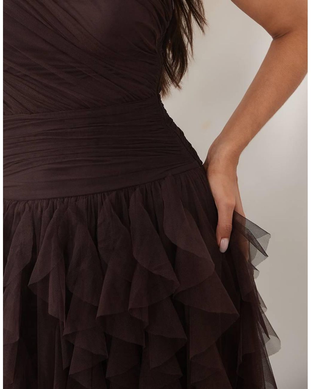 LACE & BEADS Brown Bridesmaid Tulle One Shoulder Waterfall Ruffle Maxi Dress