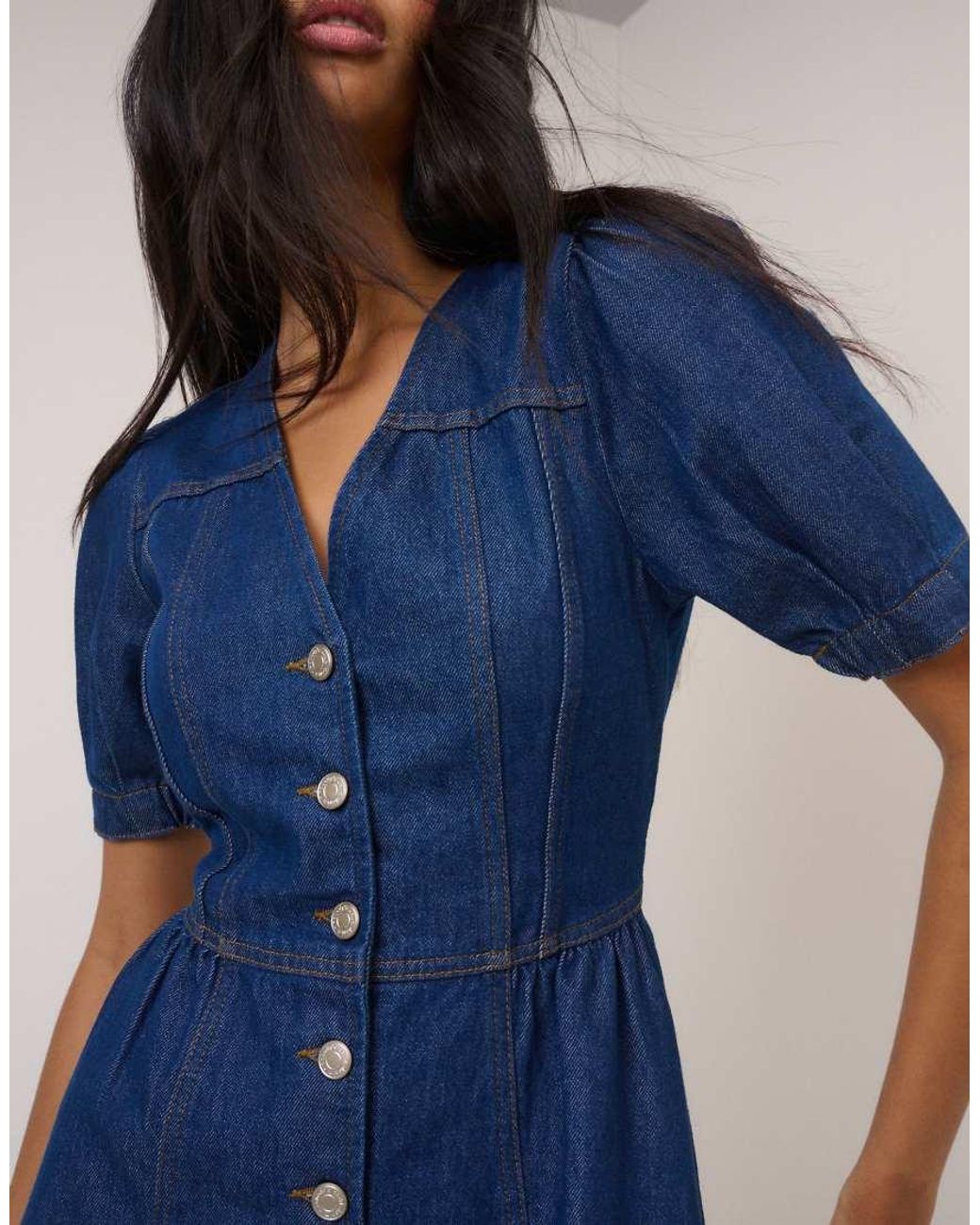 Nobody's Child Blue Short Sleeve Denim Fit And Flare Mini Dress