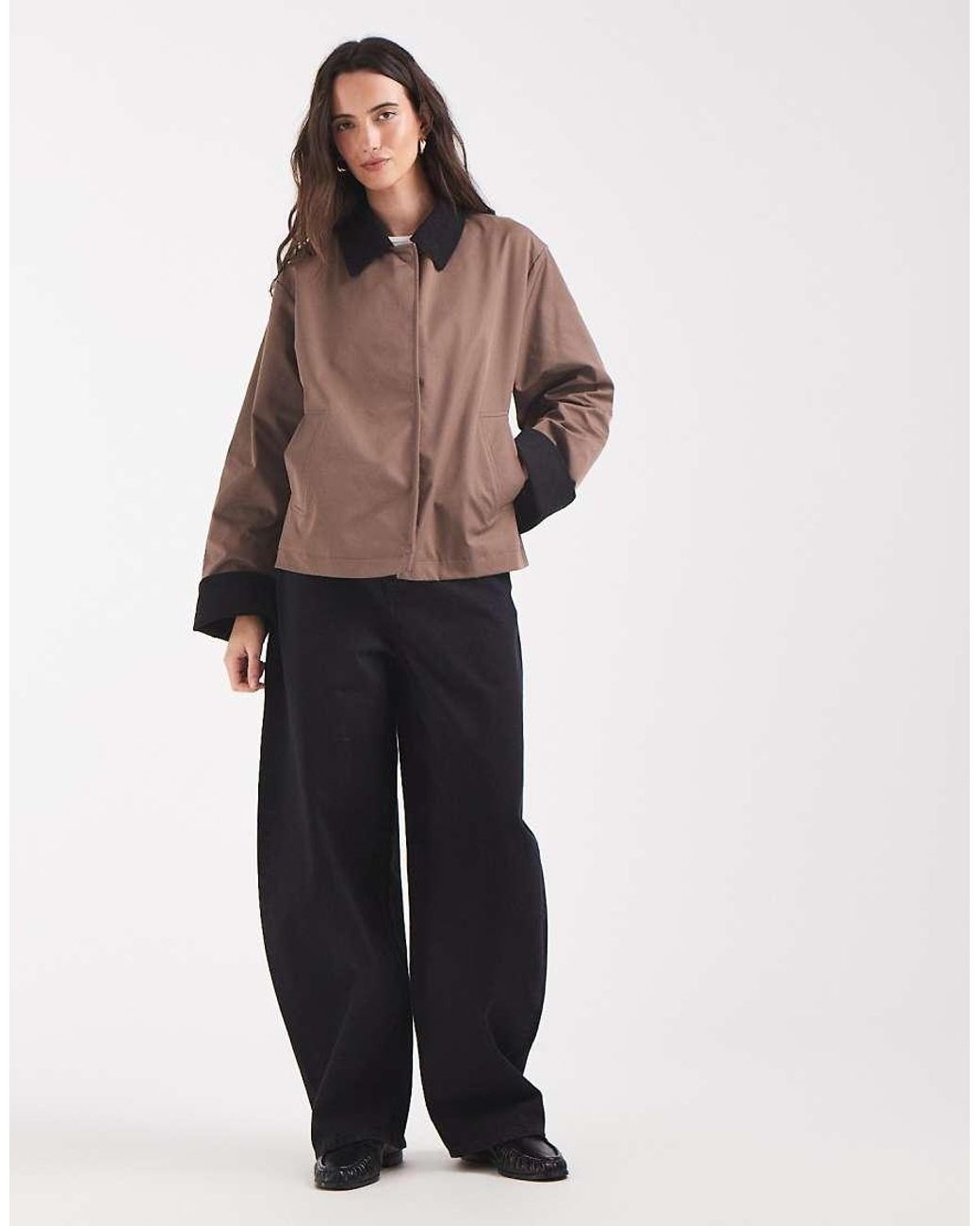 Pieces Brown Short Trench Coat With Cord Collar Detail