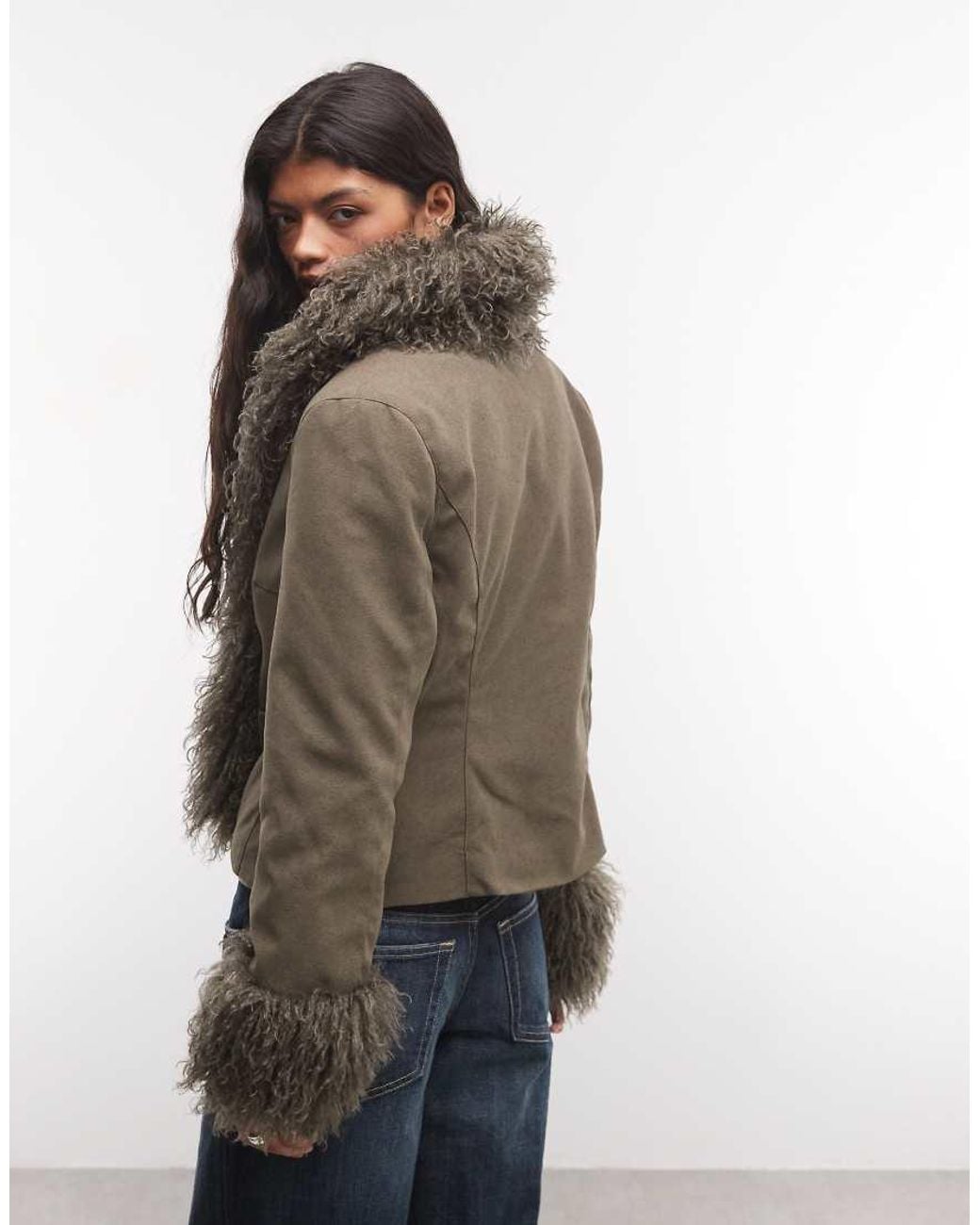 Collusion Brown Faux Fur Trim Afghan Jacket