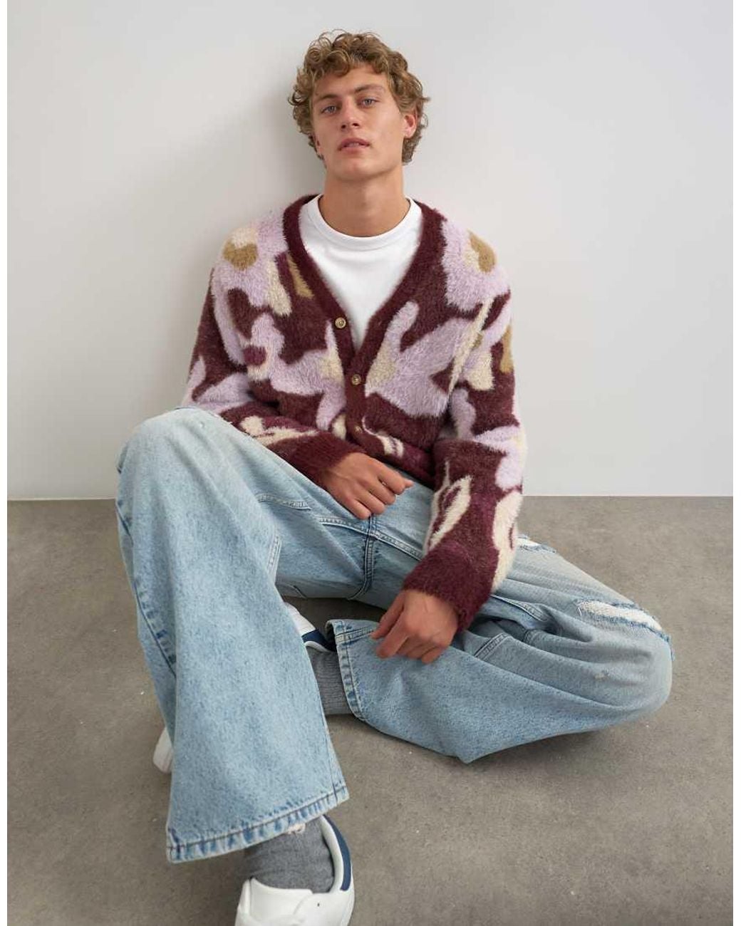 Topman Gray Relaxed Fit Fluffy Floral Cardigan for men