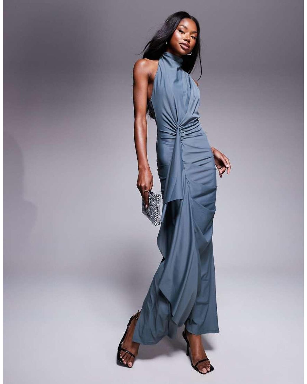 ASOS Blue Sculpting Jersey High Neck Drape Ruffle Maxi Dress