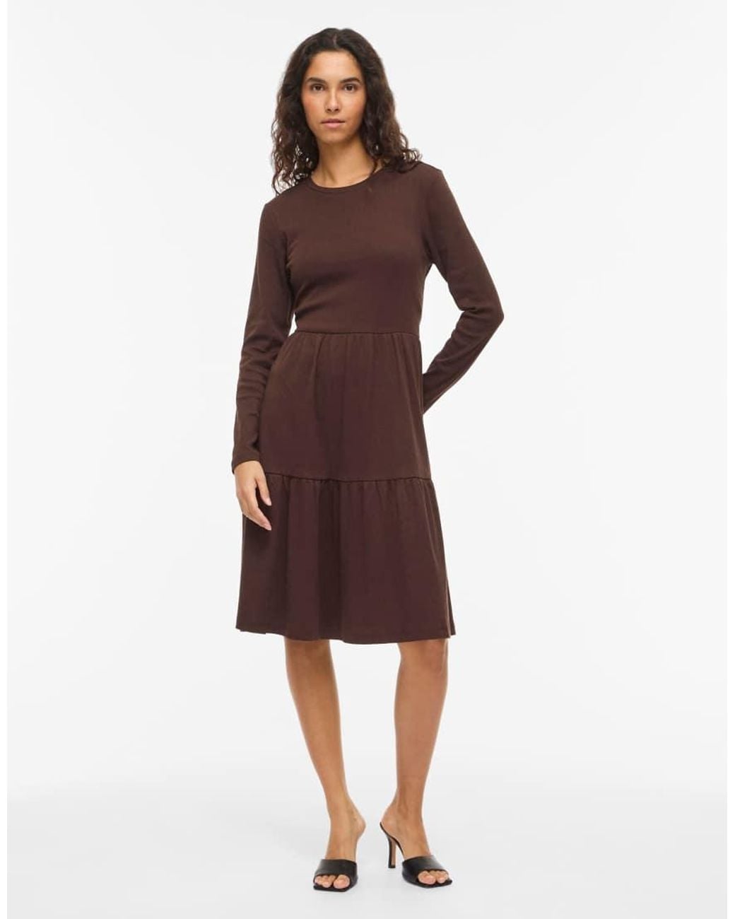 Vila Brown Sleeved Vihollie Ribbed Crew Neck Long Sleeve Medium Midi Dress