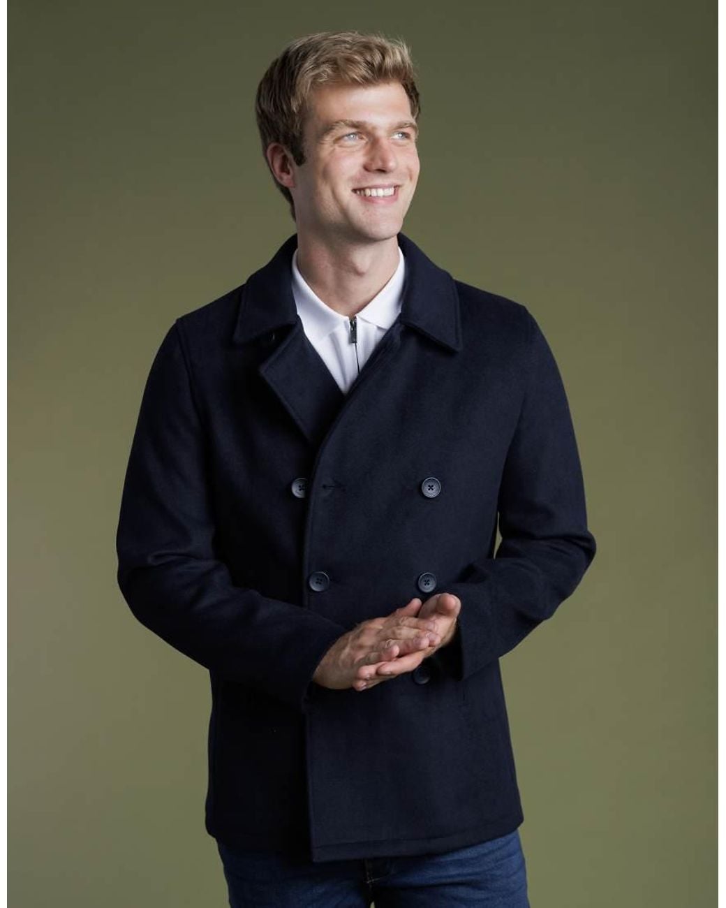 French Connection Green Wool Blend Double Breasted Pea Coat for men
