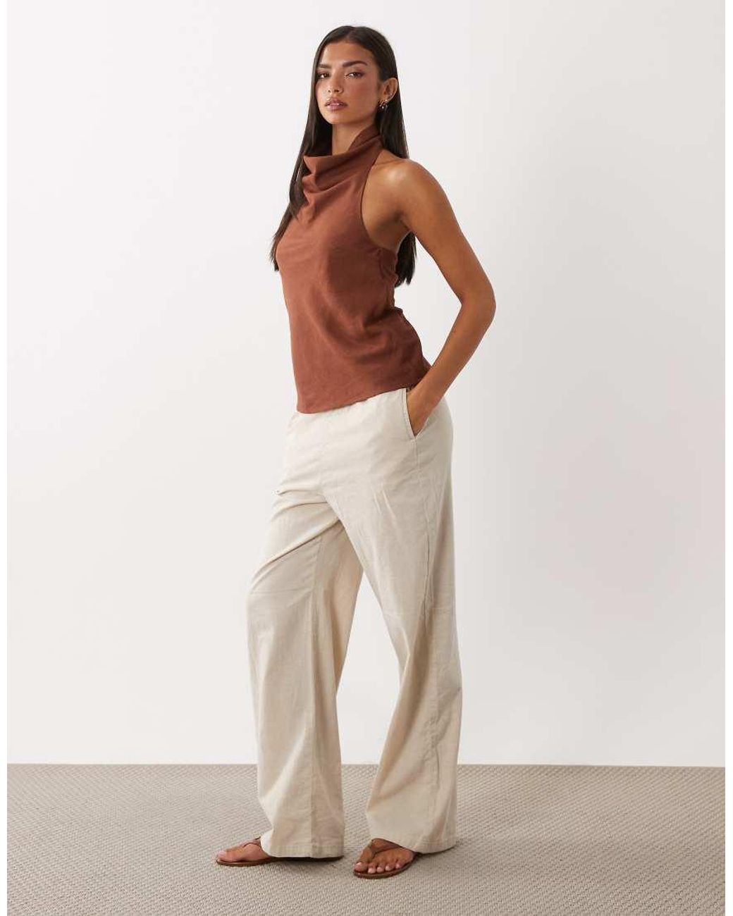 ASOS Brown Linen Blend Drapey Halter Neck Top