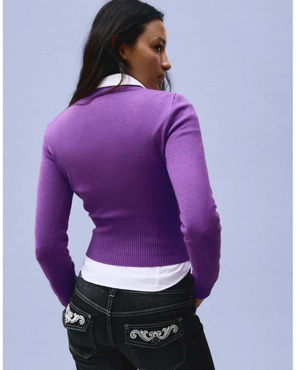 Bershka Purple Embroidered V-neck Jumper