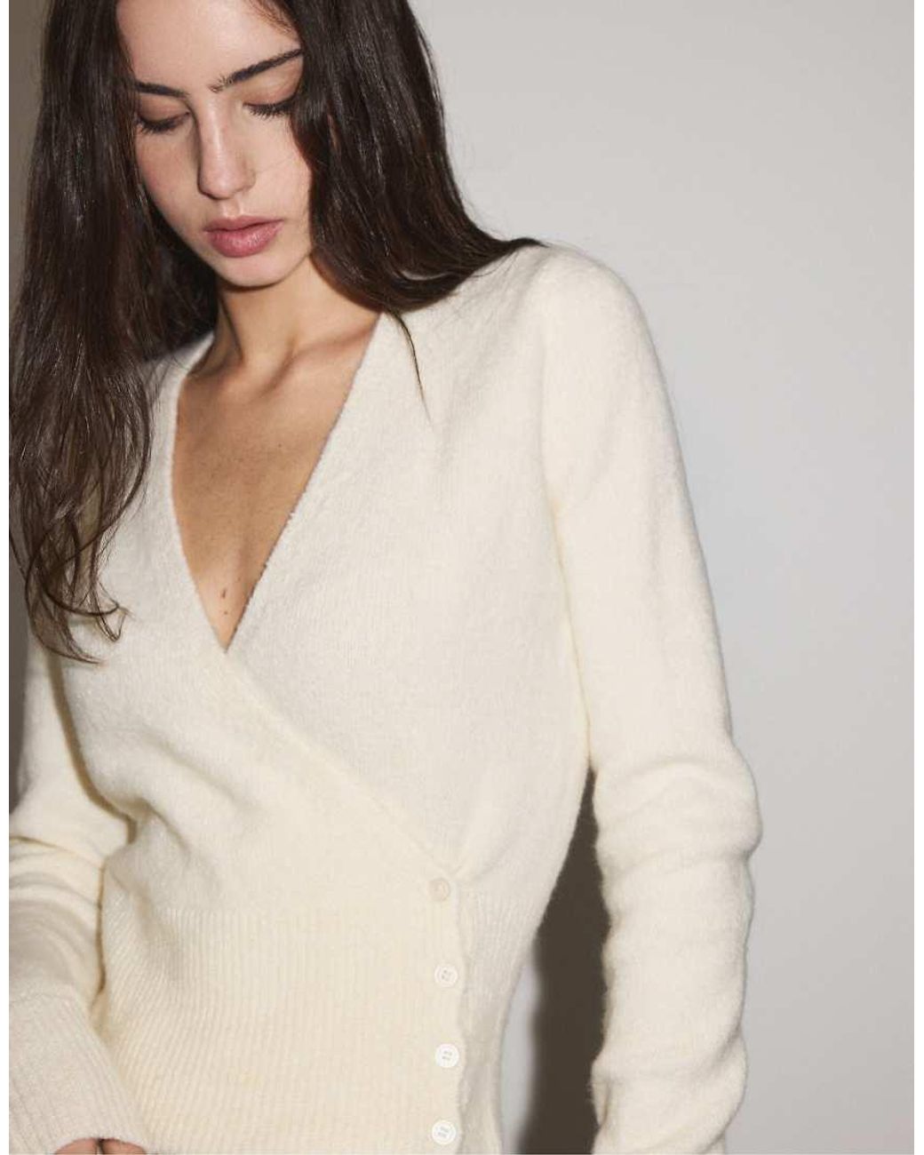 Stradivarius White Button-Up Wrap Knit Cardigan
