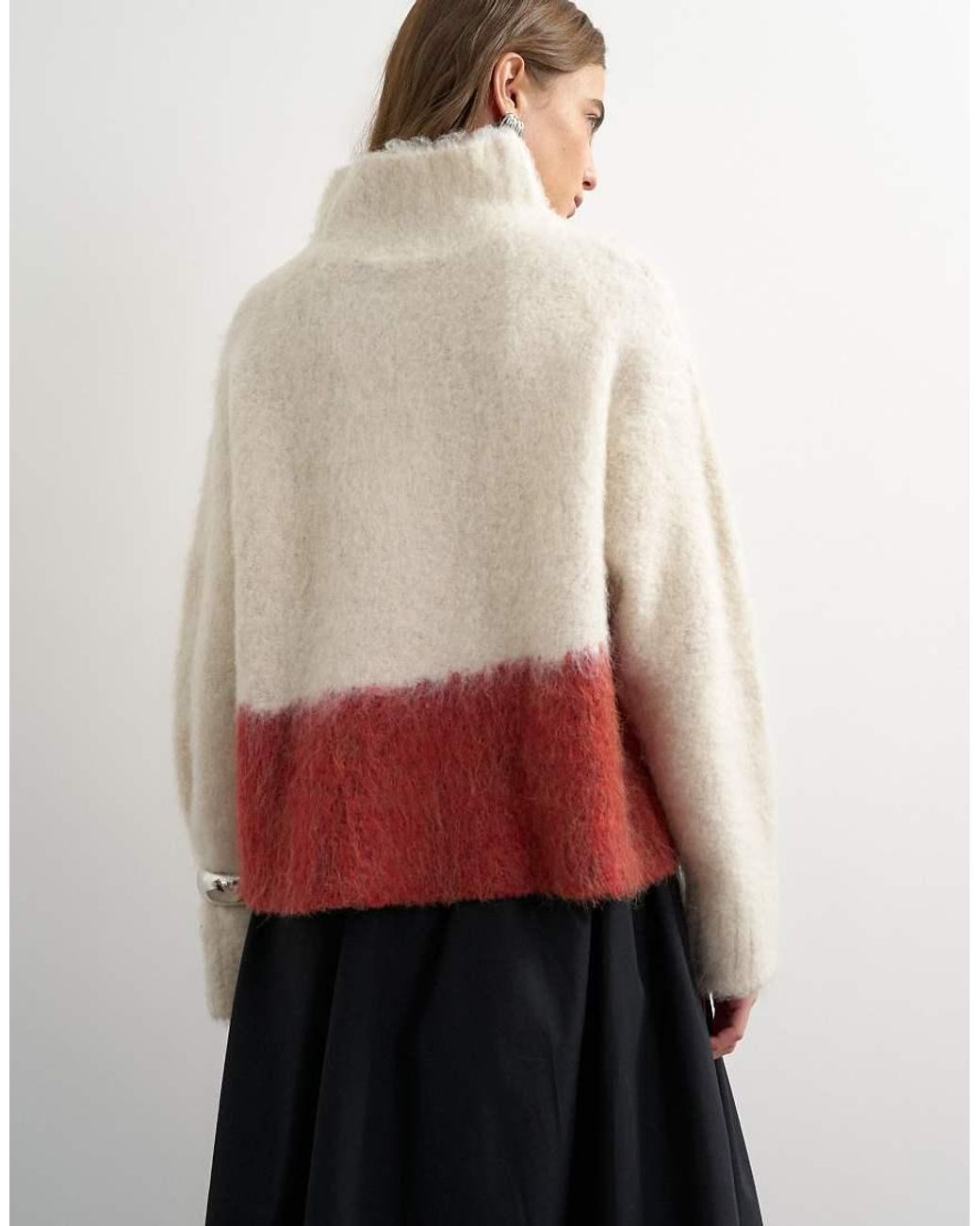 TOPSHOP Red Knitted High Neck Hairy Oversized Abstract Print Sweater