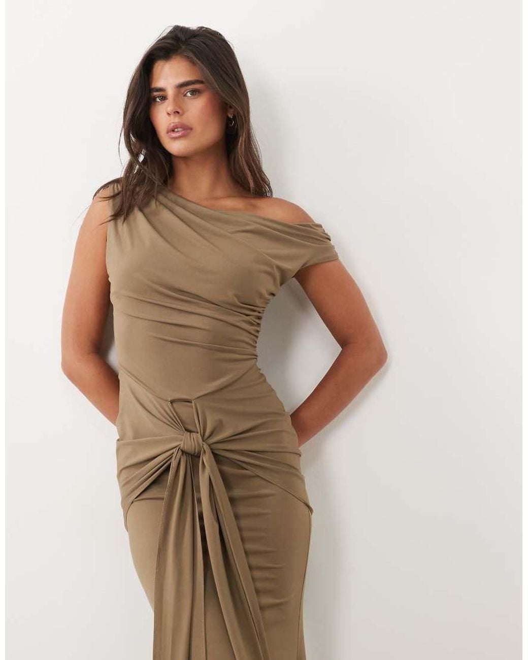 TFNC London Natural Slinky One Shoulder Draped Knot Detail Maxi Dress