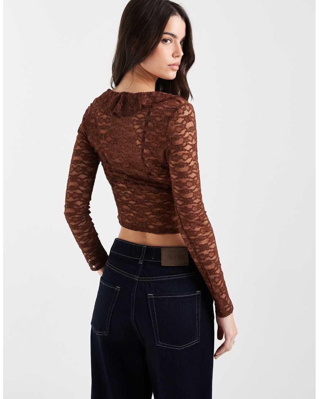 Miss Selfridge Blue Lace Ruffle Detail Long Sleeve Top