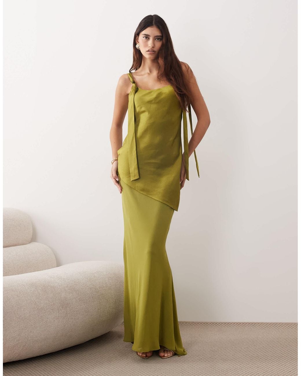 arrange green dress Tie Shoulder Satin Maxi in AKIRA LABEL