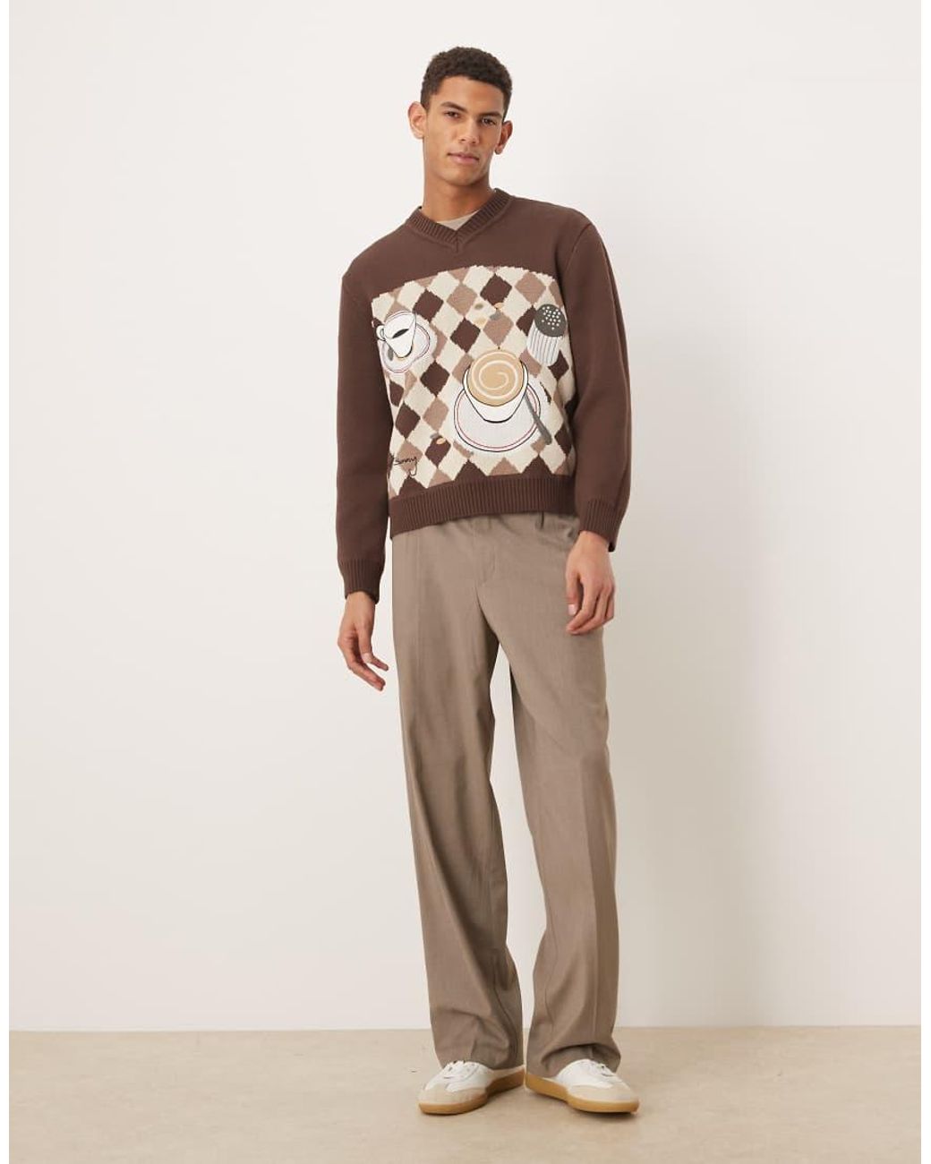 House Of Sunny Brown Daily Grind Jacquard Knit V-neck Jumper for men