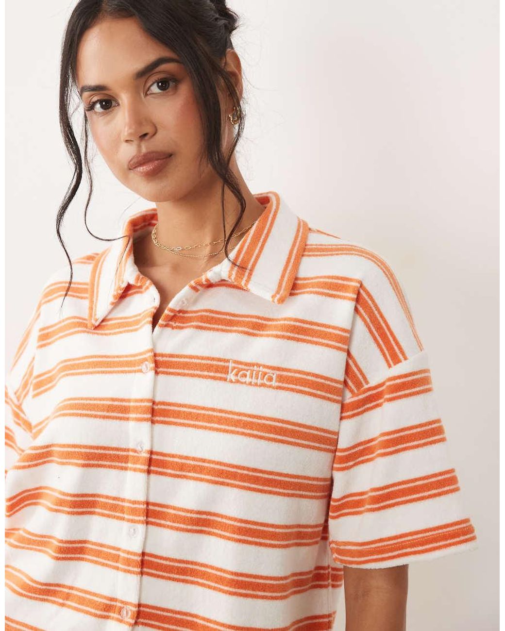 Kaiia Pink Cotton Rich Towelling Collared Button Through Polo Top Co-ord