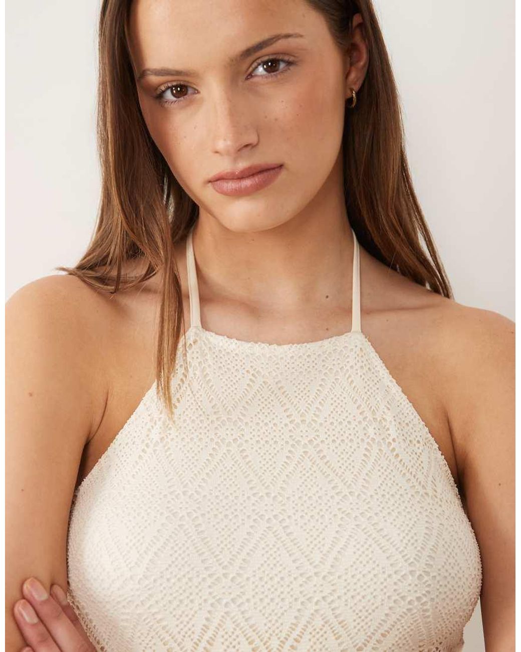 Vero Moda Brown Stretch Lace Halter Maxi Dress