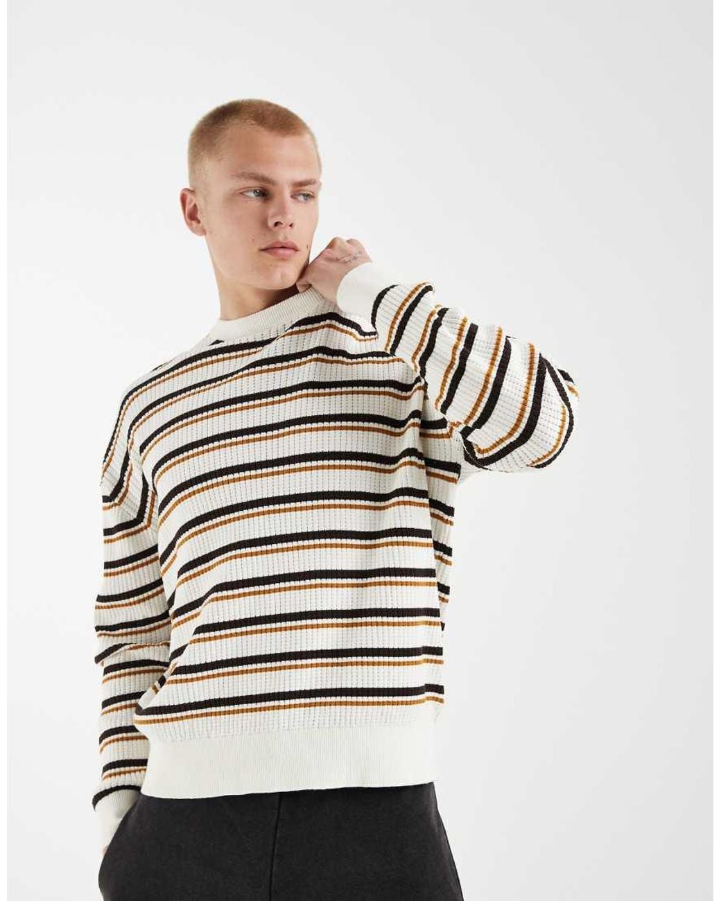 Redefined Rebel Gray Oversized Knitted Striped Jumper for men