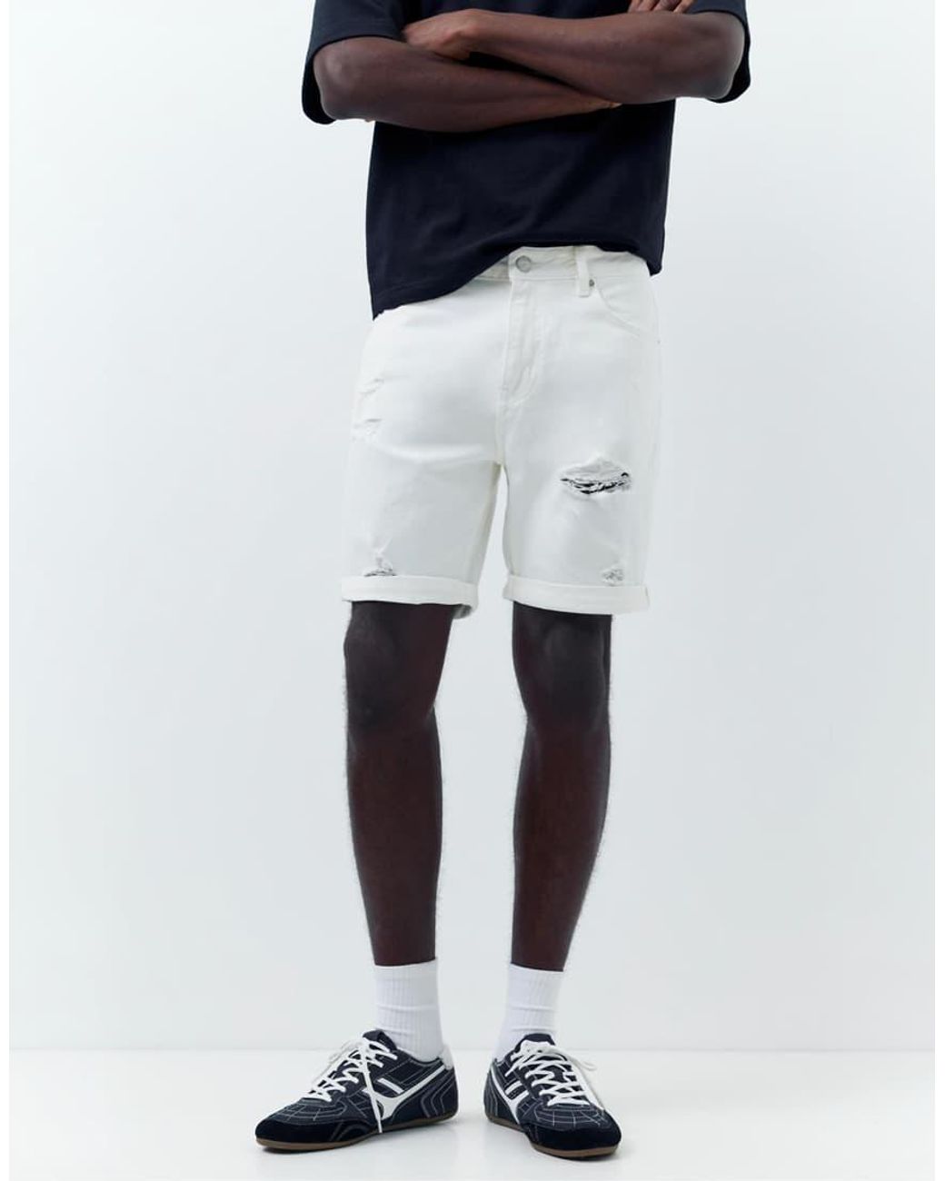 Pull&Bear Blue Ripped Denim Bermuda Shorts for men