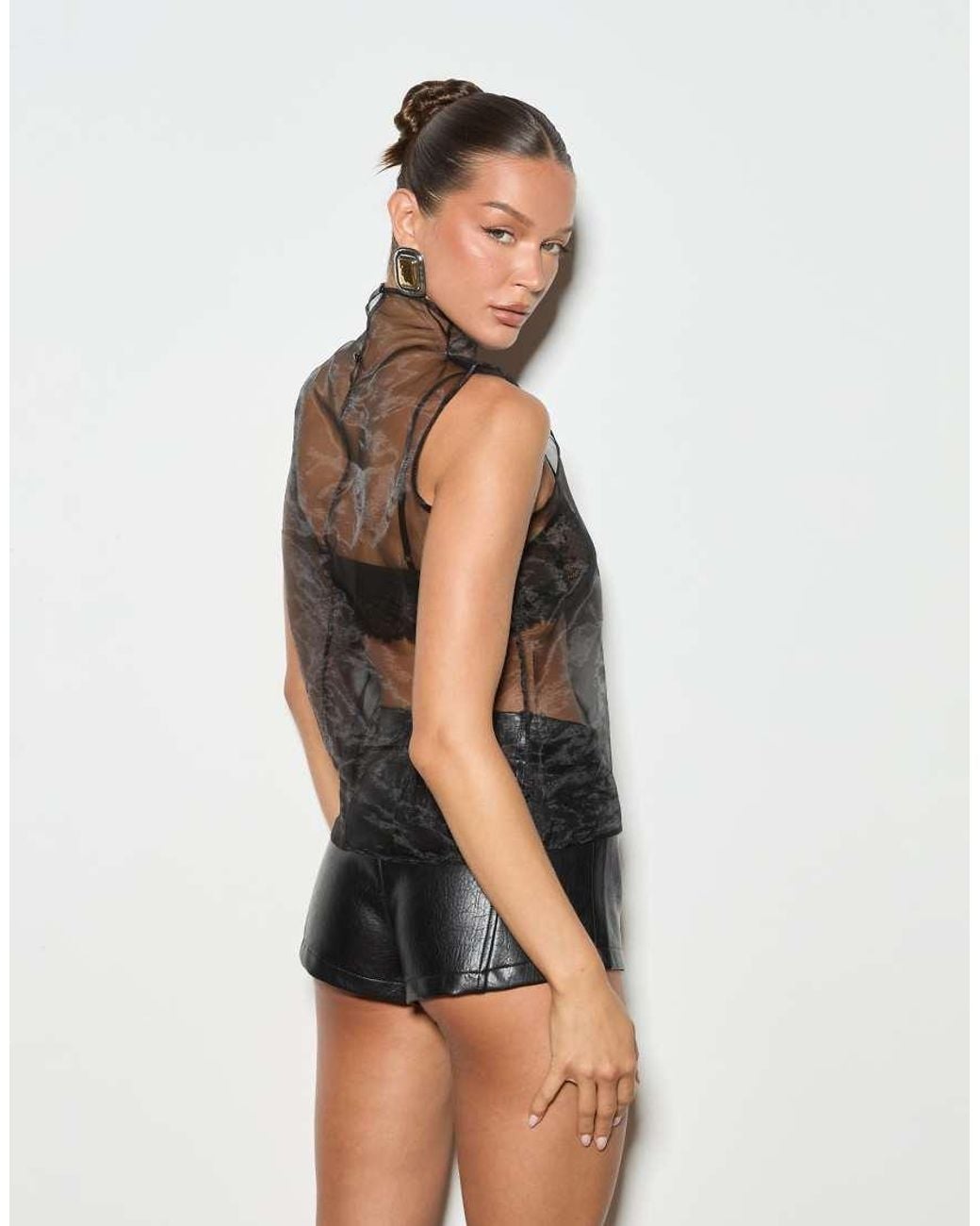 Noughts & Kisses Brown Organza High Neck Sleeveless Top
