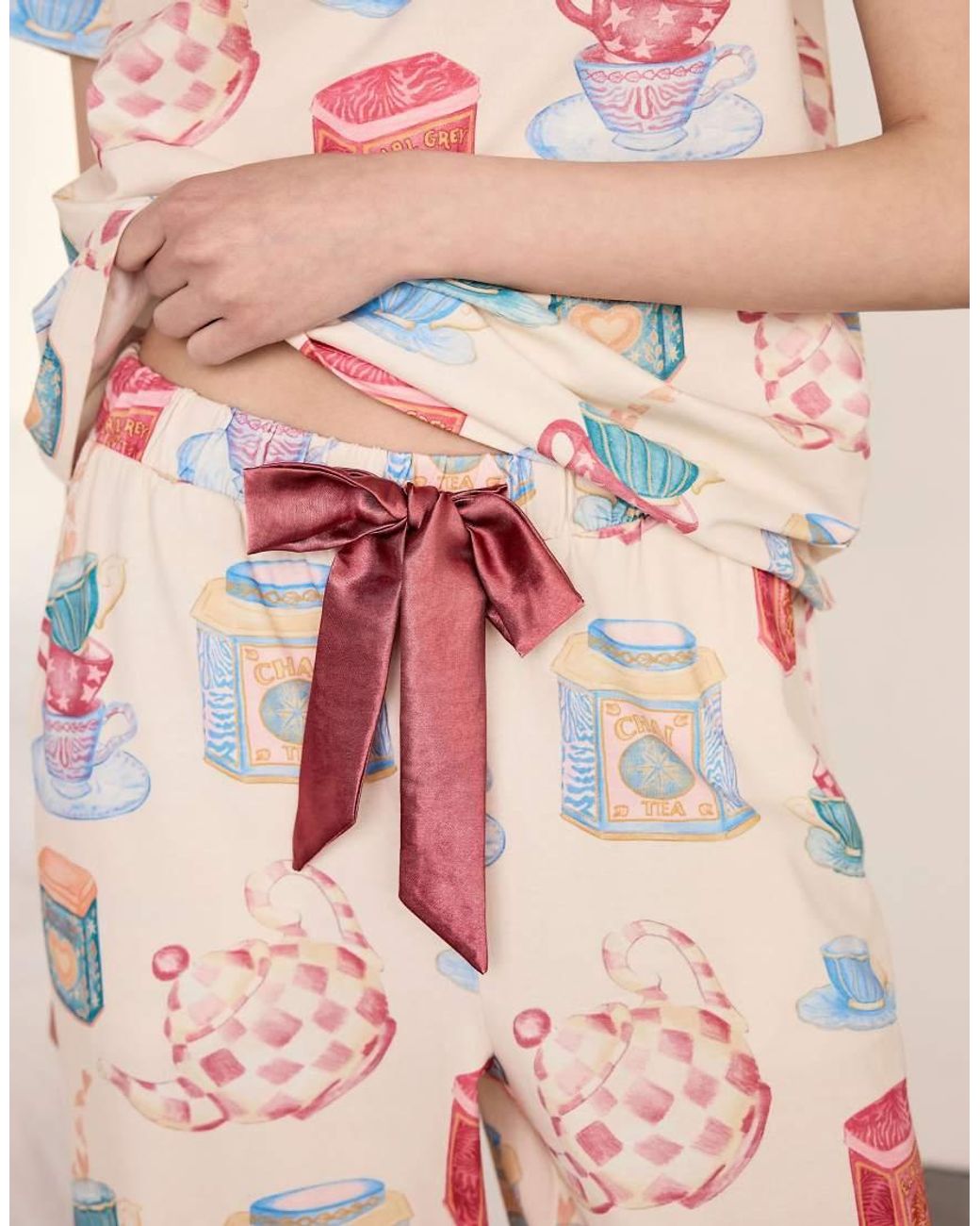 Chelsea Peers Natural Cotton Tea Party Print Long Pyjama Set