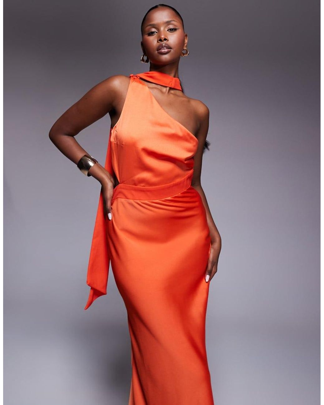 ASOS Red One Shoulder Satin Midi Dress With Neck Tie